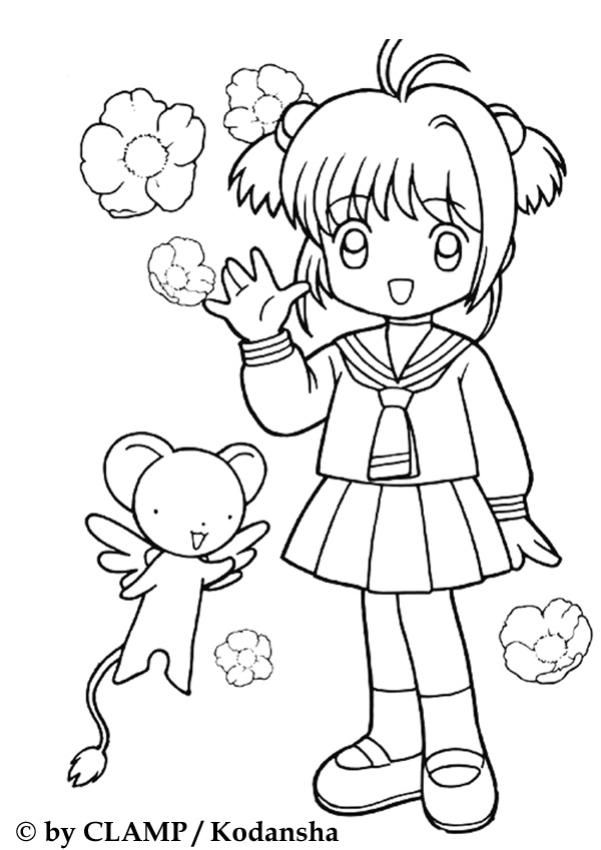 Lovely sakura in her school uniform and kereberus coloring page more manga coloring pages on hellokidsâ cool coloring pages coloring pages cute coloring pages