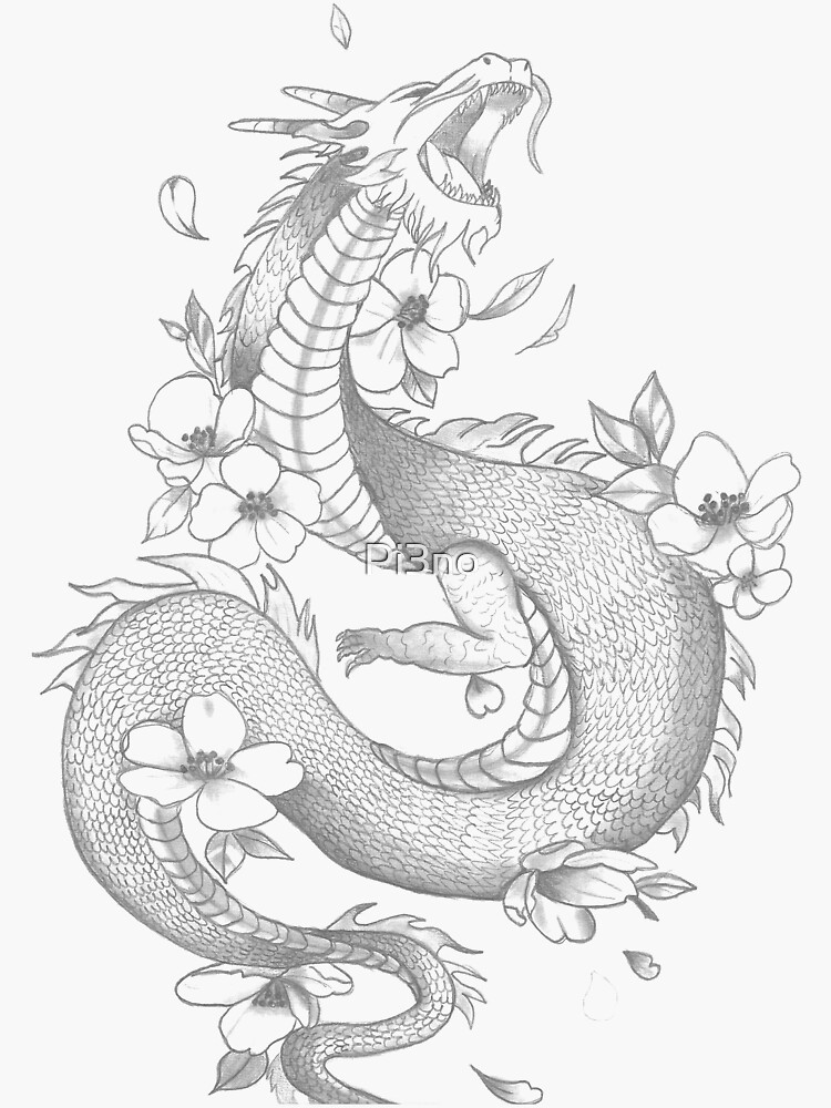 Dragon with sakura flower drawn on paper design sticker for sale by pino