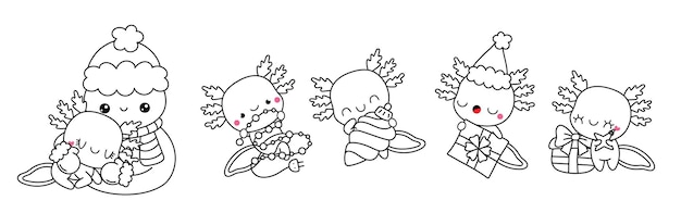 Premium vector collection of vector christmas axolotl outline set of isolated xmas salamander coloring page