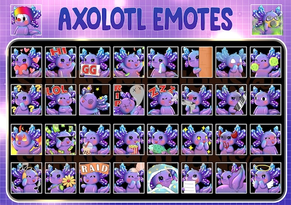 Twitch discord emotes cute galaxy axolotl rainbow kawai chibi fish emoji sea animal sub bit badges tiger salamander streamer bundle