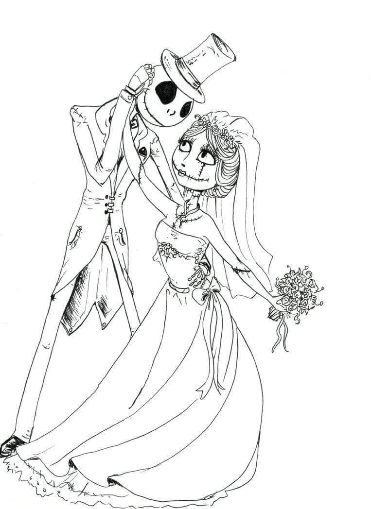 Jack skellington and sally at the wedding coloring page