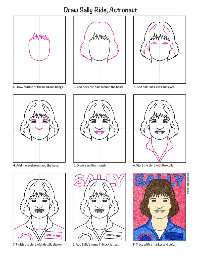 Easy how to draw sally ride tutorial and sally ride coloring page