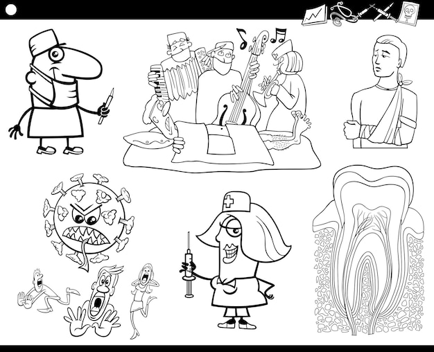 Premium vector cartoon health and medical topics set coloring page