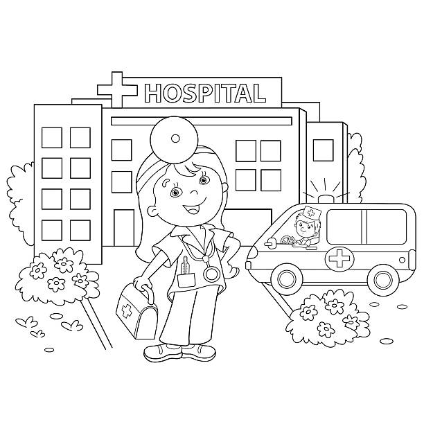 Coloring page outline of cartoon doctor near the hospital stock illustration