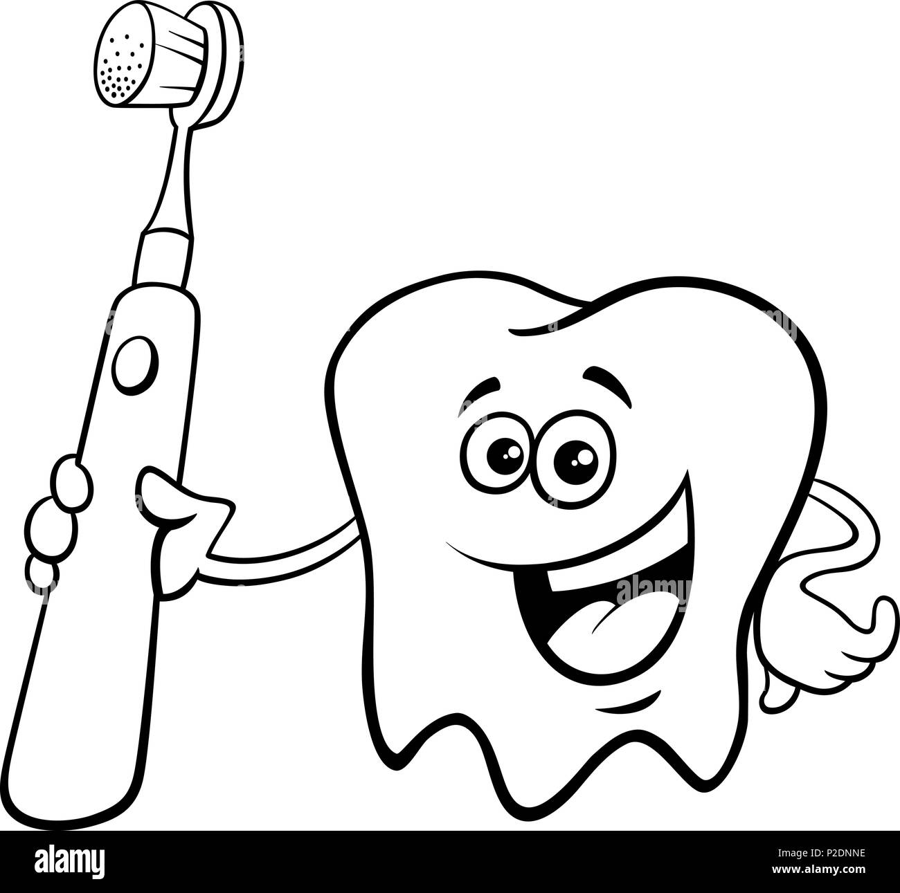 Black and white cartoon illustration of happy tooth character with electric toothbrush coloring book stock vector image art