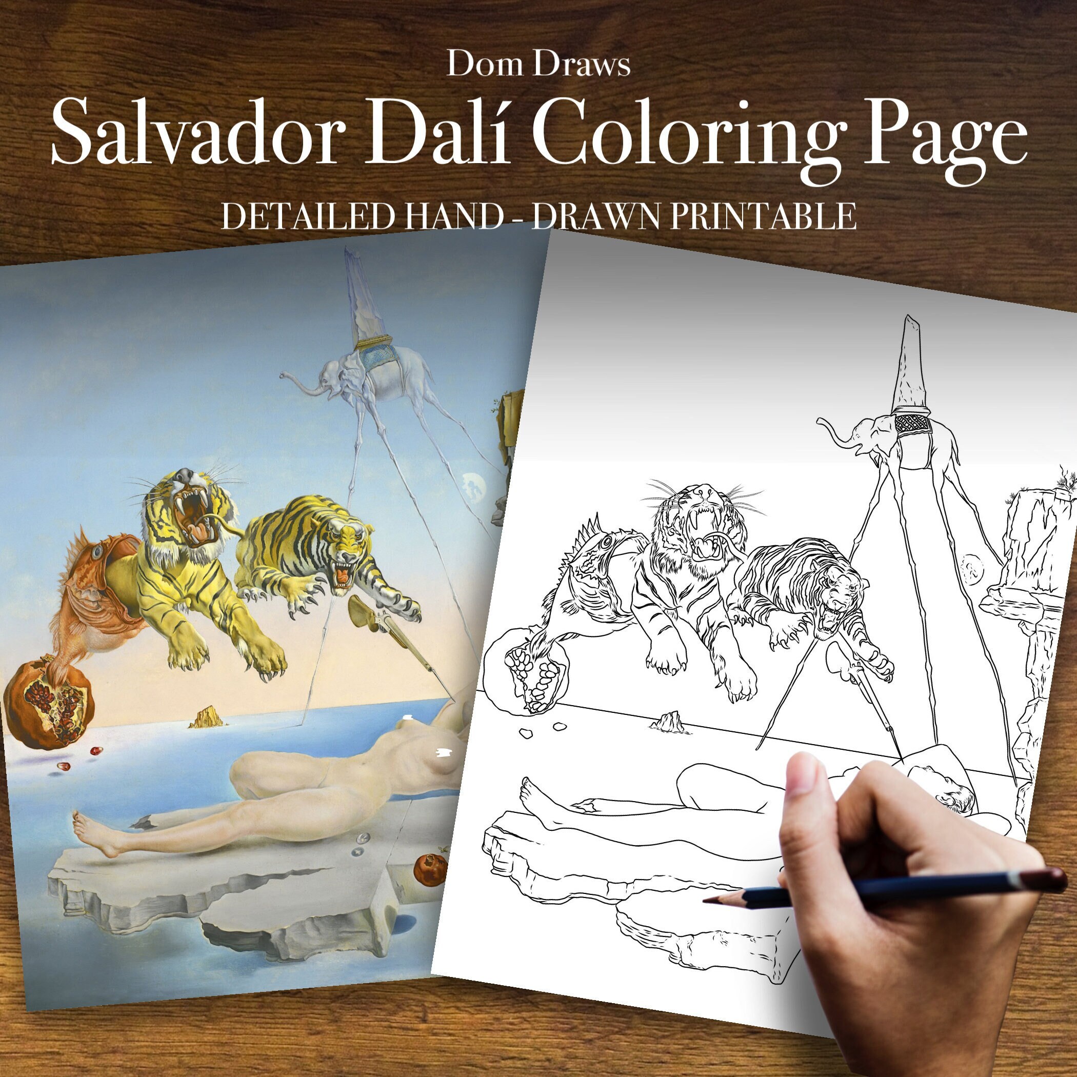 Salvador dali coloring detailed hand drawn the persistence of memory adult coloring page digital printable pdf download