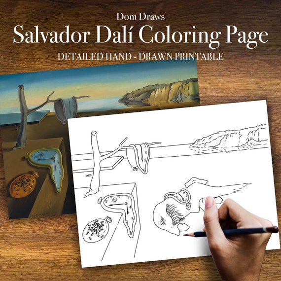 Salvador dali coloring detailed hand drawn the persistence of memory adult coloring page digital printable pdf download