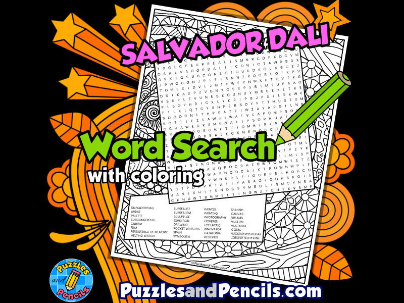 Salvador dali word search puzzle with colouring famous artists wordsearch teaching resources