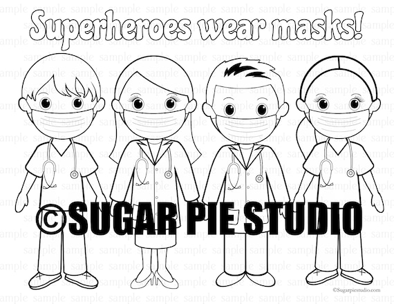 Superhero doctor nurse superheroes wear masks coloring page pdf file instant download