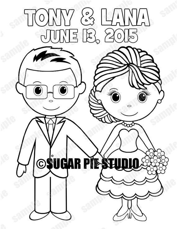 Personalized printable bride groom wedding party favor childrens kids coloring page activity pdf or jpeg file