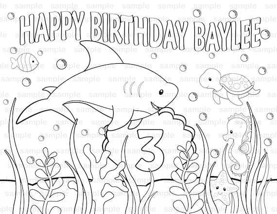 Personalized printable shark under the sea birthday party favor childrens kids coloring page activity pdf or jpeg file