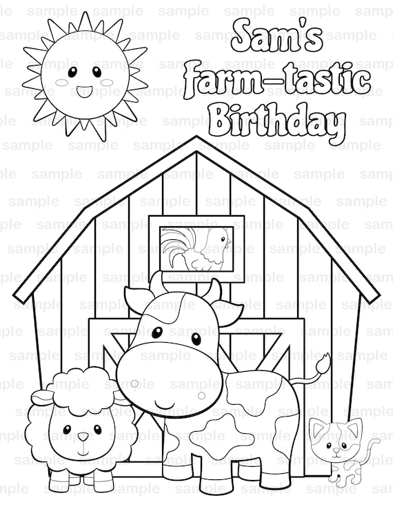 Personalized printable farm birthday party favor childrens kids coloring page activity pdf or jpeg file