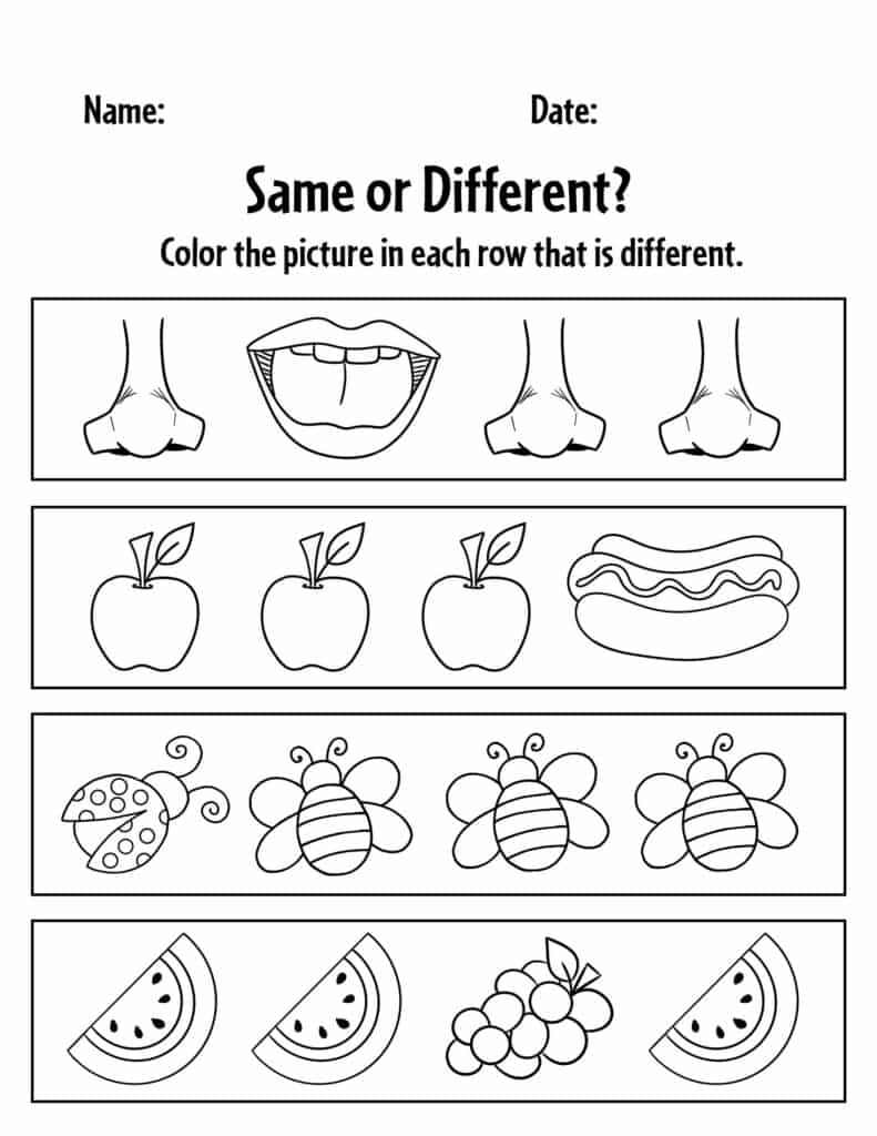 Free same and different worksheets for preschool â the hollydog blog