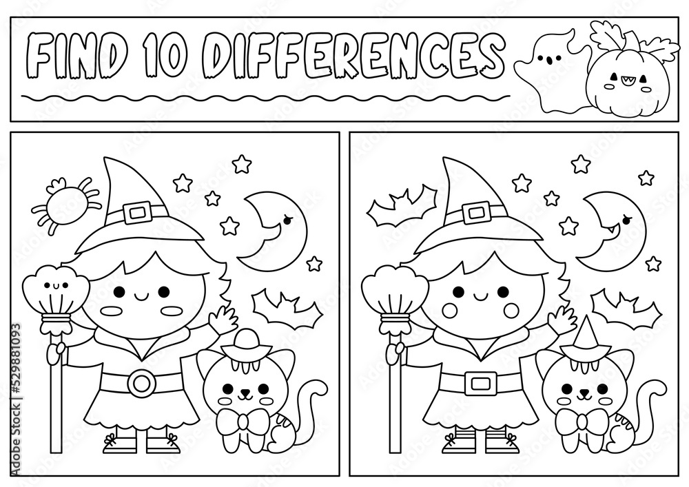 Halloween black and white find differences game for children attention skills line activity with cute witch black cat puzzle for kids or coloring page printable what is different worksheet vector