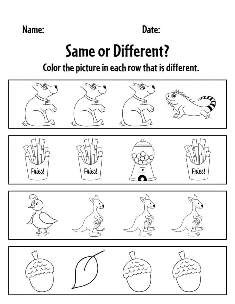 Free same and different worksheets for preschool â the hollydog blog