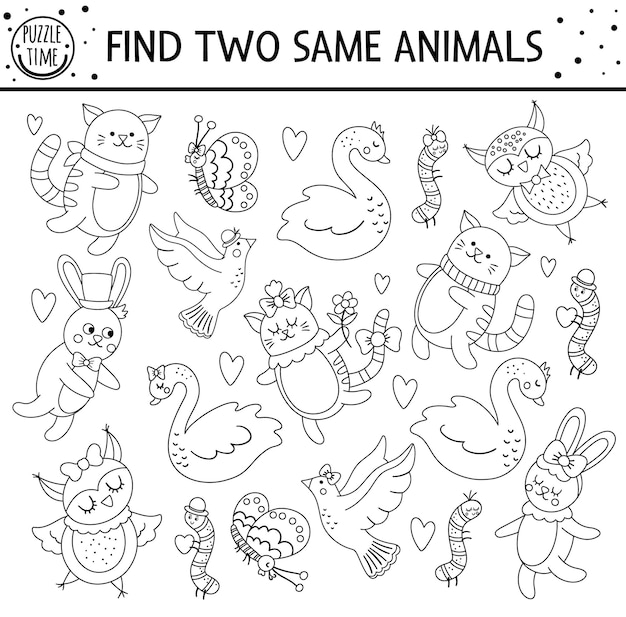 Premium vector find two same animals holiday black and white matching activity for children funny educational saint valentine day logical quiz worksheet for kids simple printable game or coloring page