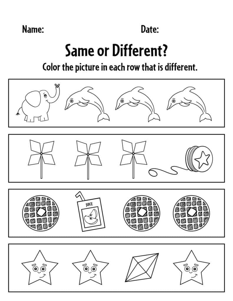 Free same and different worksheets for preschool â the hollydog blog