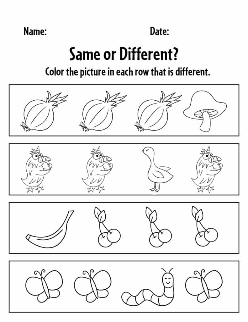 Free same and different worksheets for preschool â the hollydog blog