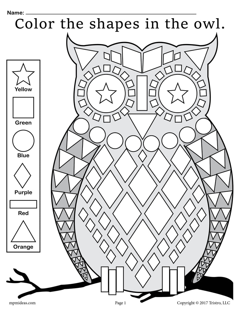 Fall themed owl shapes worksheet coloring page â