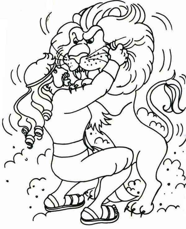 Cartoon of samson struggle with a lion coloring page color luna