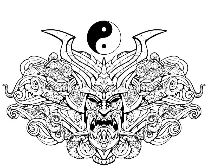 Coloring page for adults sinister samurai mask stock illustration