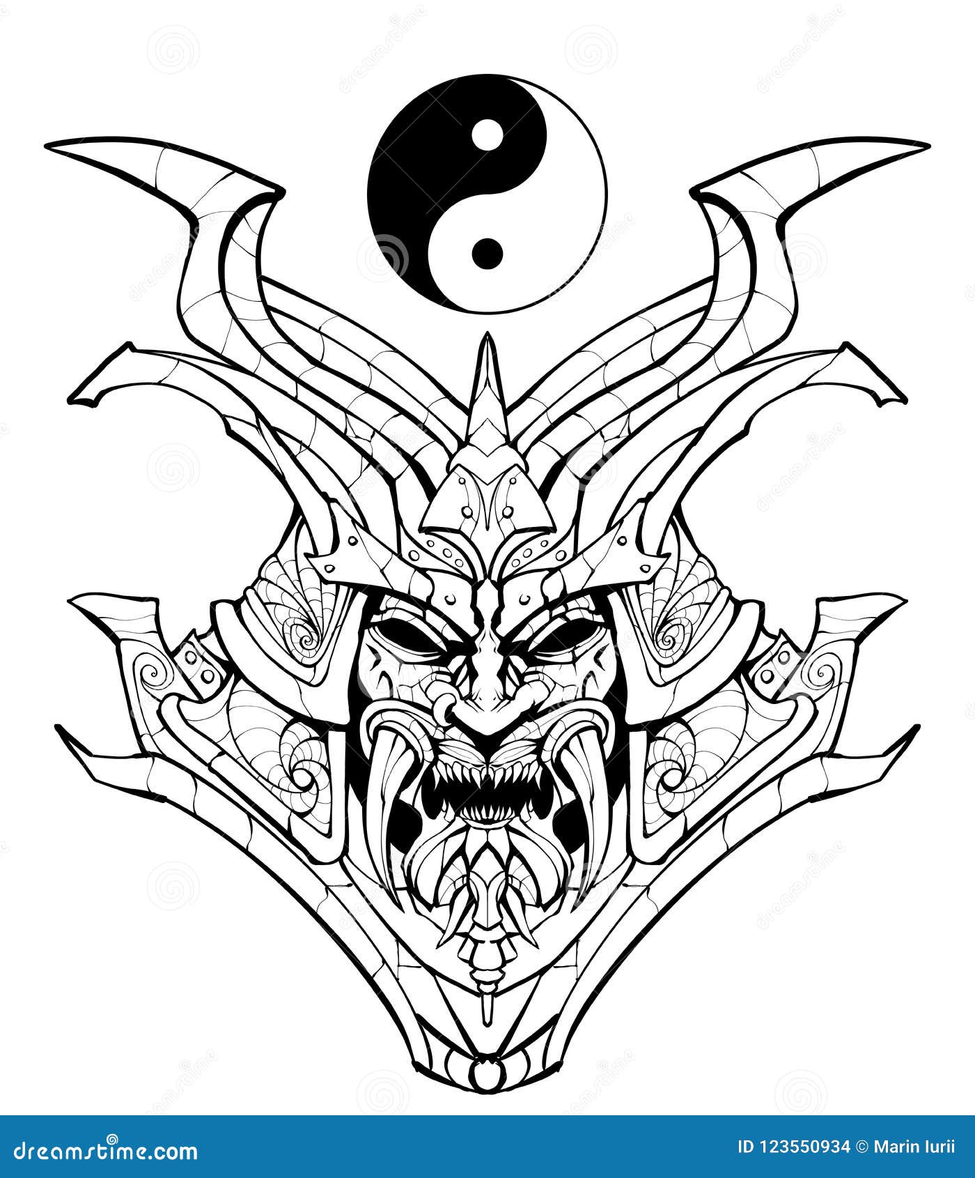 Coloring page sinister samurai mask stock illustration