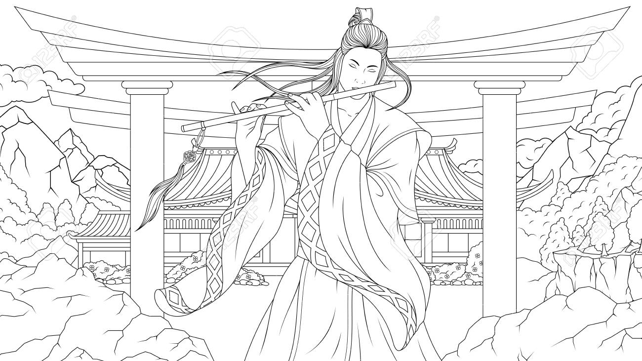 Vector illustration coloring book oriental man samurai playing flute in the mountains royalty free svg cliparts vectors and stock illustration image