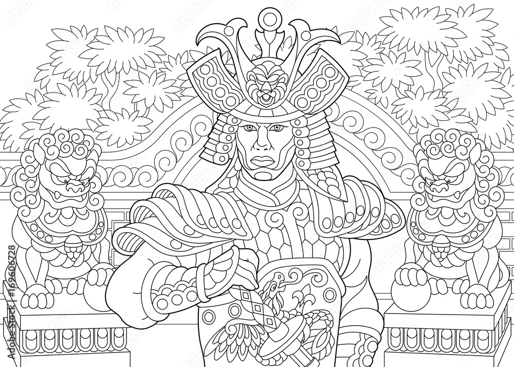 Coloring page of japanese samurai with lion statues on the background freehand sketch drawing for adult antistress coloring book in zentangle style vector