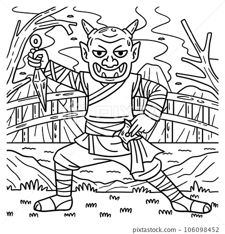 Ninja wearing oni mask coloring page for kids