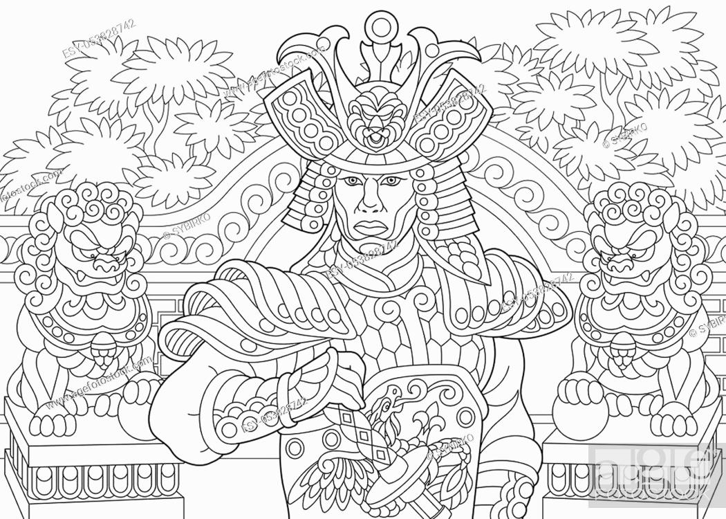 Coloring page of japanese samurai with lion statues on the background stock vector vector and low budget royalty free image pic esy