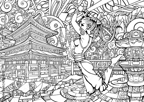 Wall murals coloring page for adults girl samurai in the jump