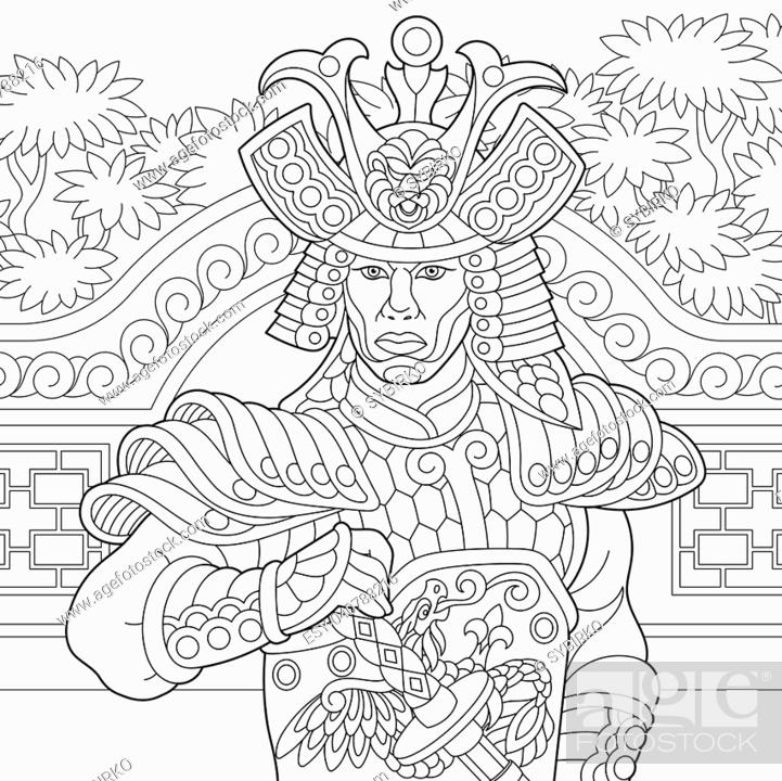 Coloring page of japanese samurai with katana sword freehand sketch drawing for adult antistress stock vector vector and low budget royalty free image pic esy