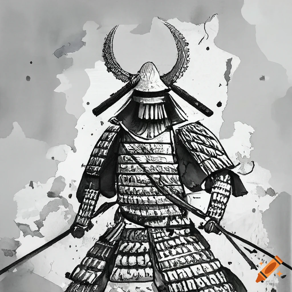 Black and white samurai japanese landscape coloring book on