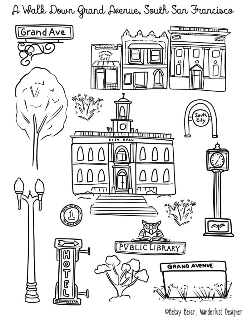 Creative travel capturing the look of a neighborhood â a walk down grand ave south san francisco incl free printable coloring page