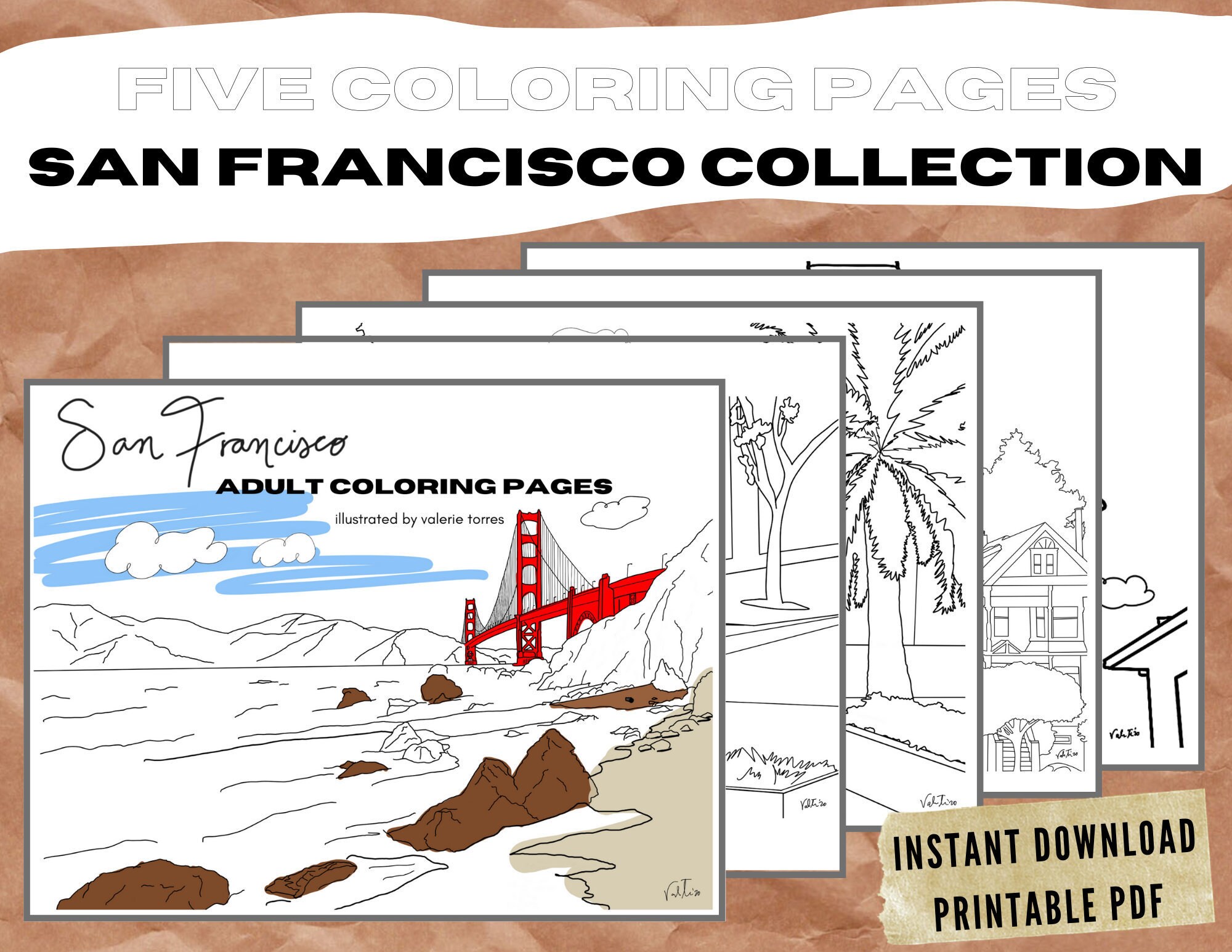 San francisco printable coloring book instant download sheet pdf horizontal pages golden gate bridge architecture illustrations