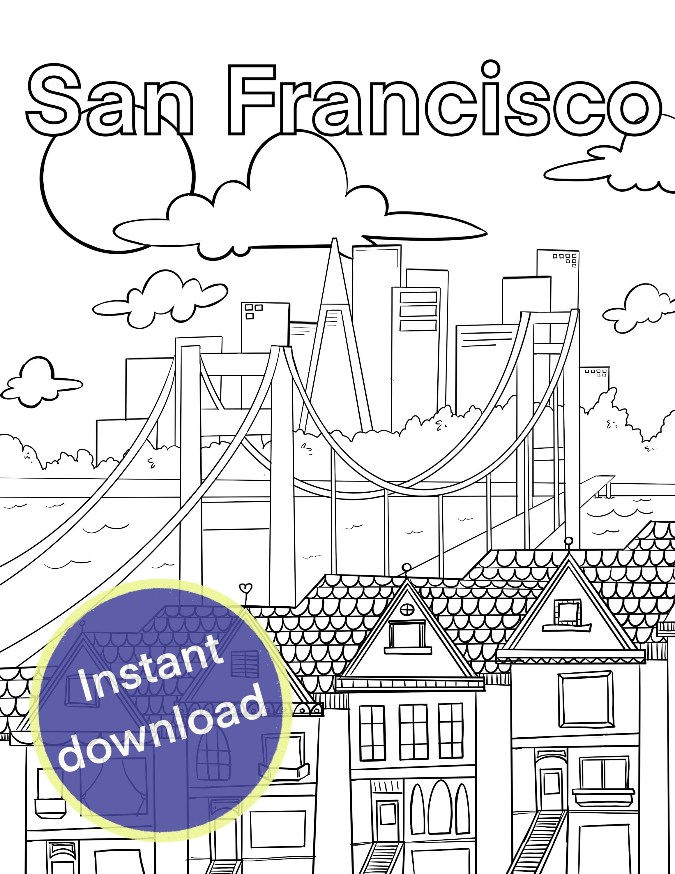 San francisco ca coloring page for kids instant download california road trip vacation activity sheet educational instant download