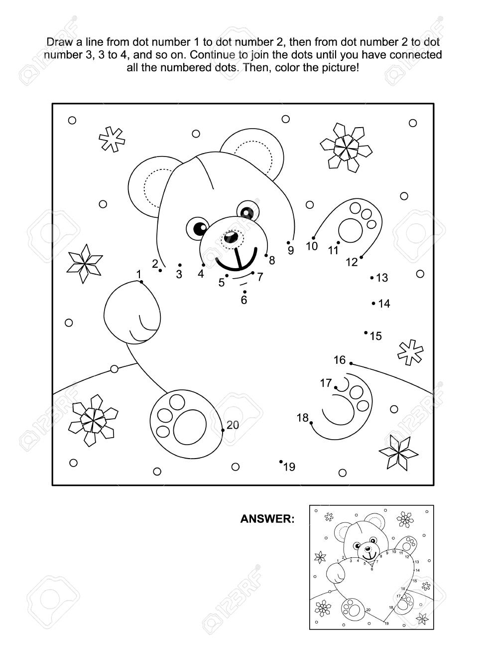 Valentines day themed connect the dots picture puzzle and coloring page with teddy bear and heart answer included royalty free svg cliparts vectors and stock illustration image