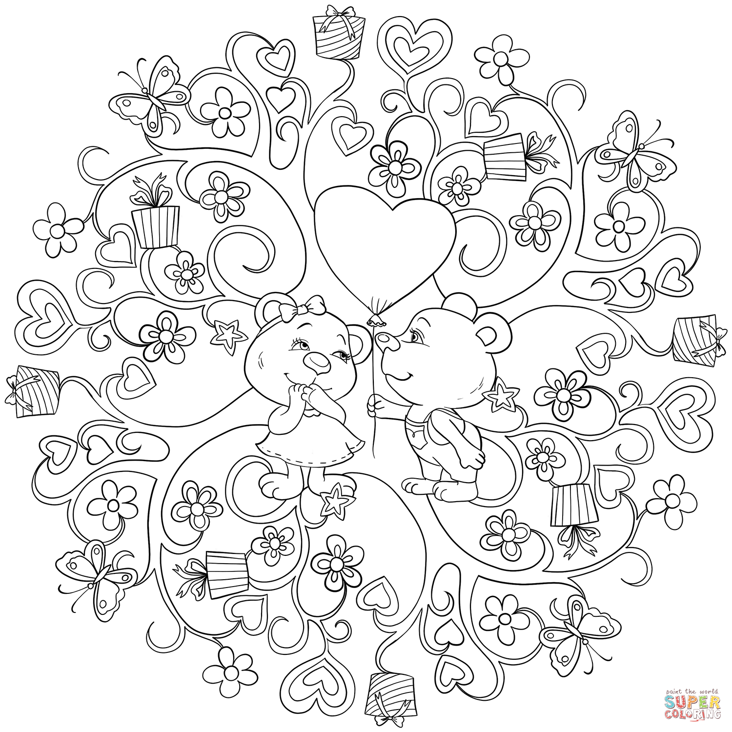 St valentine mandala with two cute bears coloring page free printable coloring pages