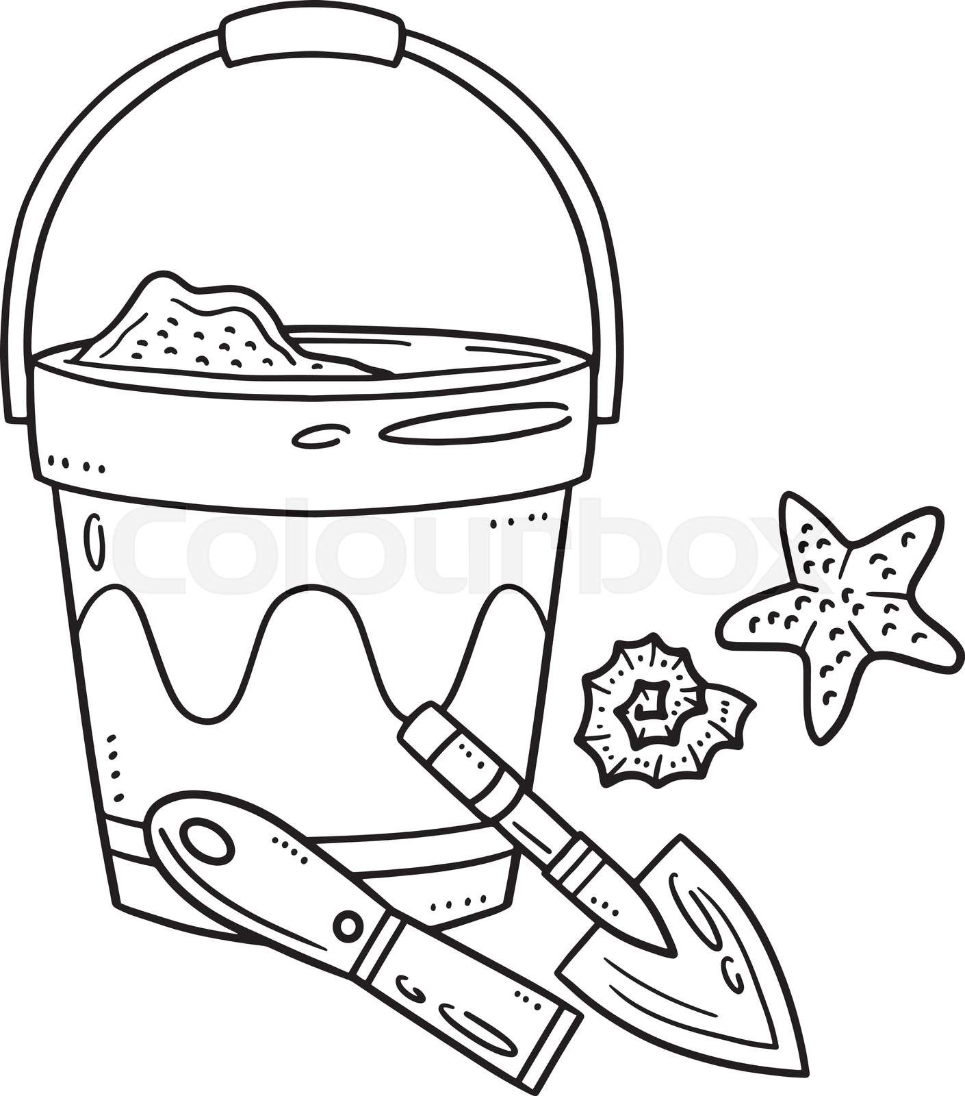 Summer sand castle tools isolated coloring page stock vector