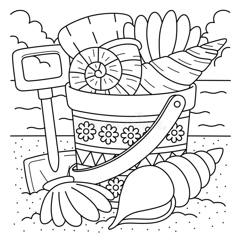 Bucket of seashells summer coloring page for kids stock vector