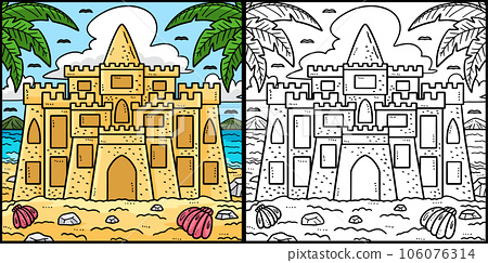 Summer sandcastle coloring page illustration