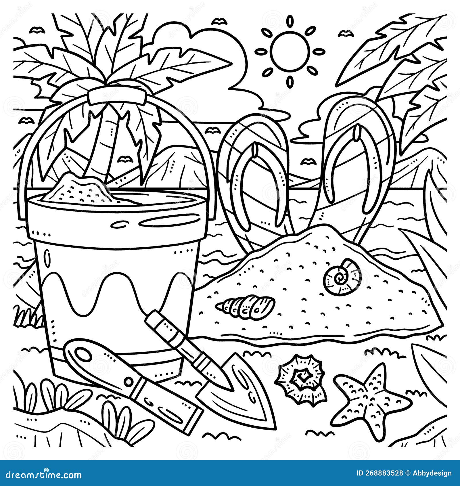 Summer sand castle tools coloring page for kids stock vector