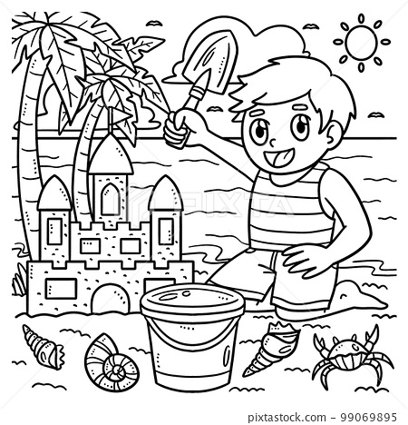 Summer child building sand castle coloring page