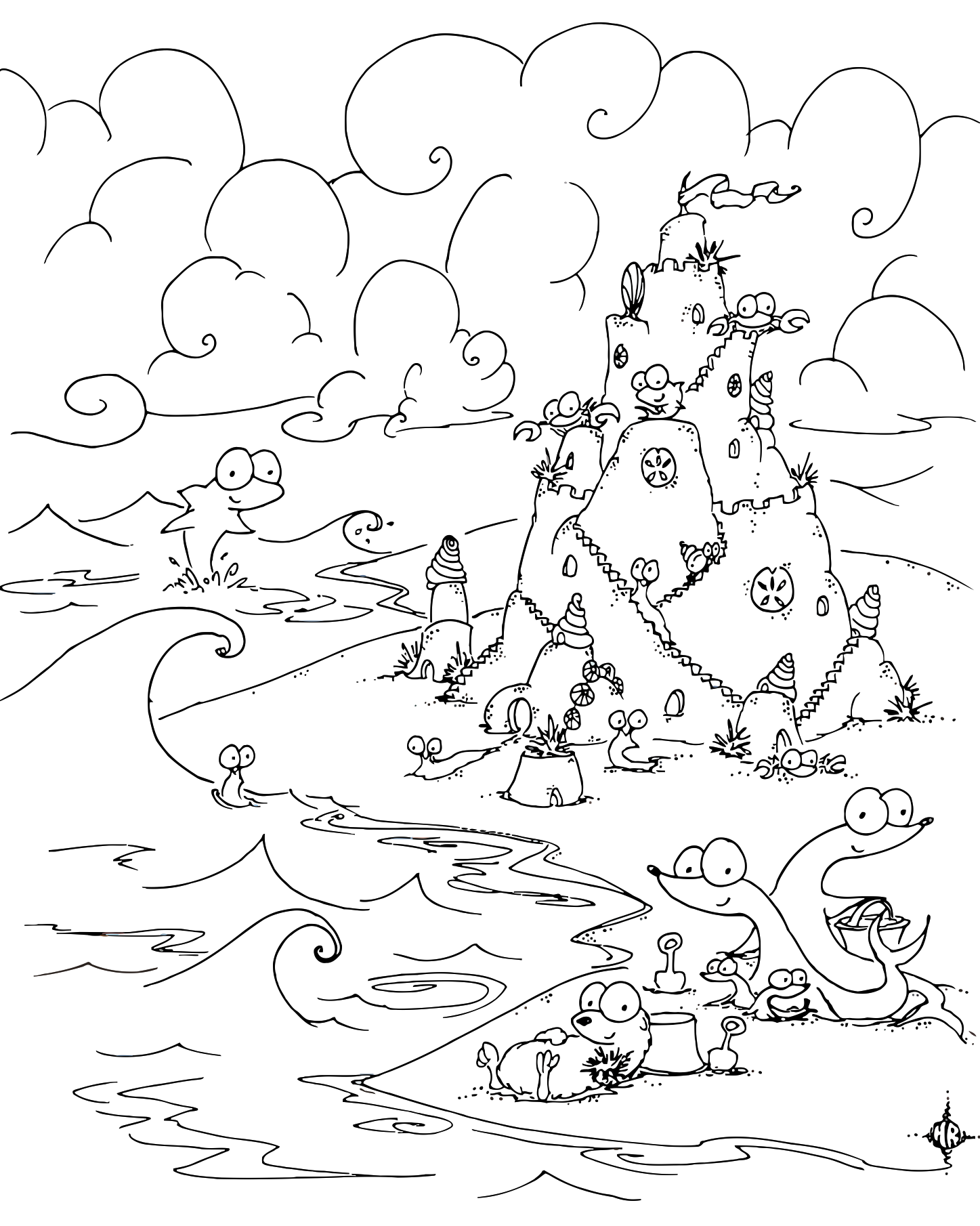 Coloring page sea creatures building a sand castle on the beach