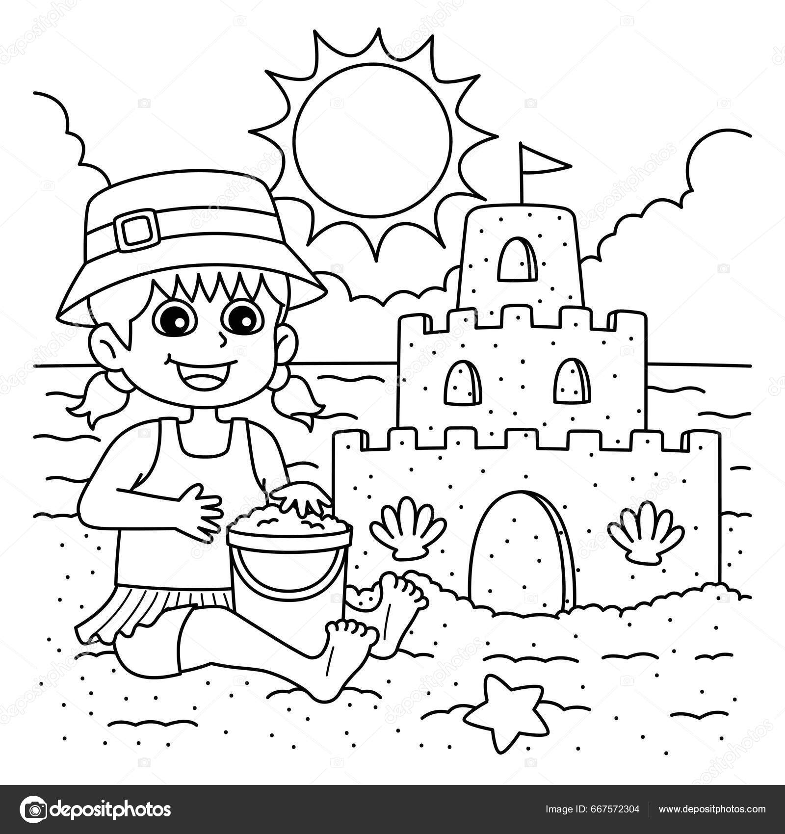 Cute funny coloring page girl building sandcastle provides hours coloring stock vector by abbydesign