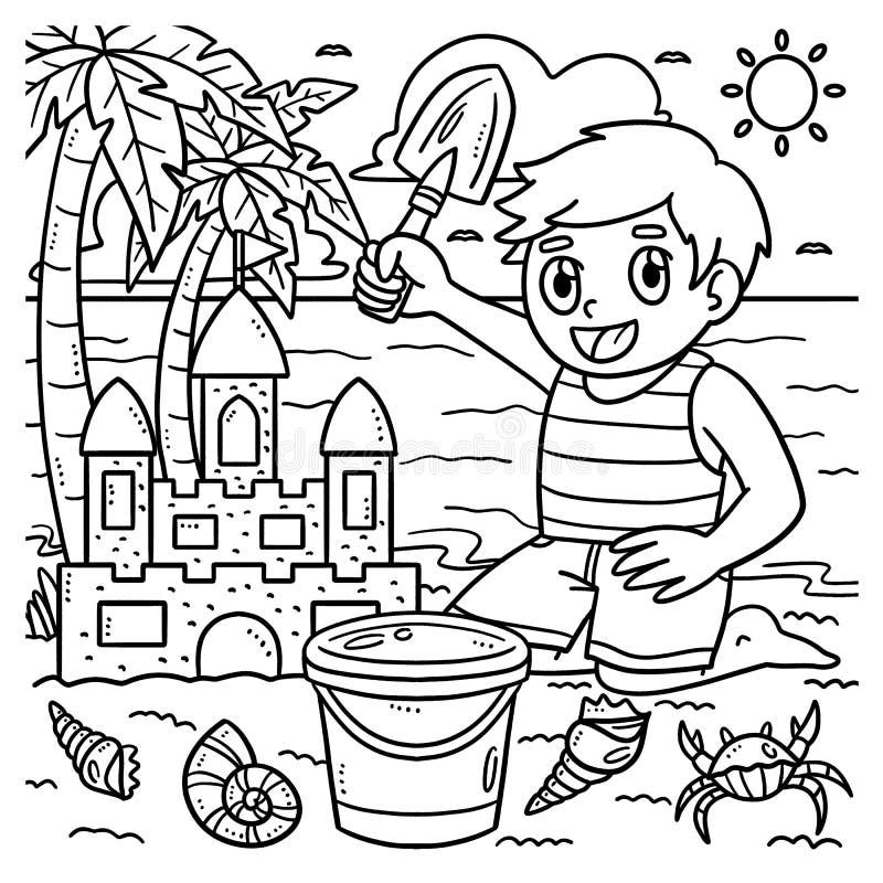 Summer child building sand castle coloring page stock vector