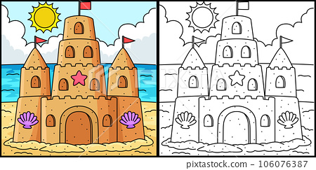 Sandcastle summer coloring page illustration