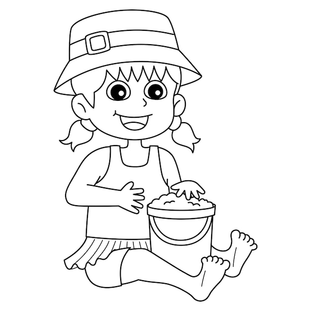 Premium vector a cute and funny coloring page of a girl building a sandcastle provides hours of coloring fun for children color this page is very easy suitable for little kids