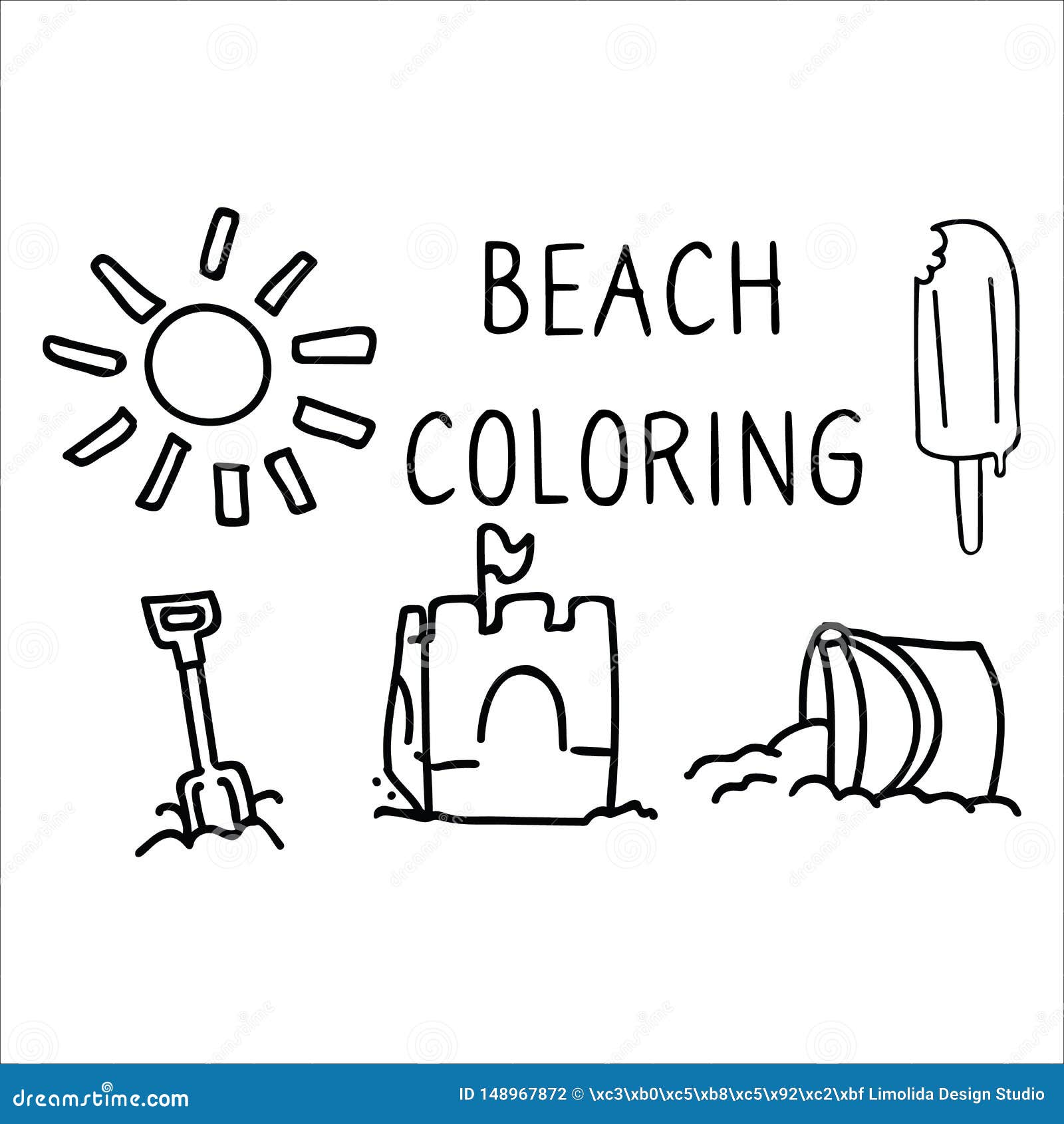 Cute summer beach day coloring page cartoon vector illustration motif set hand drawn isolated sandcastle bucket and spade stock illustration