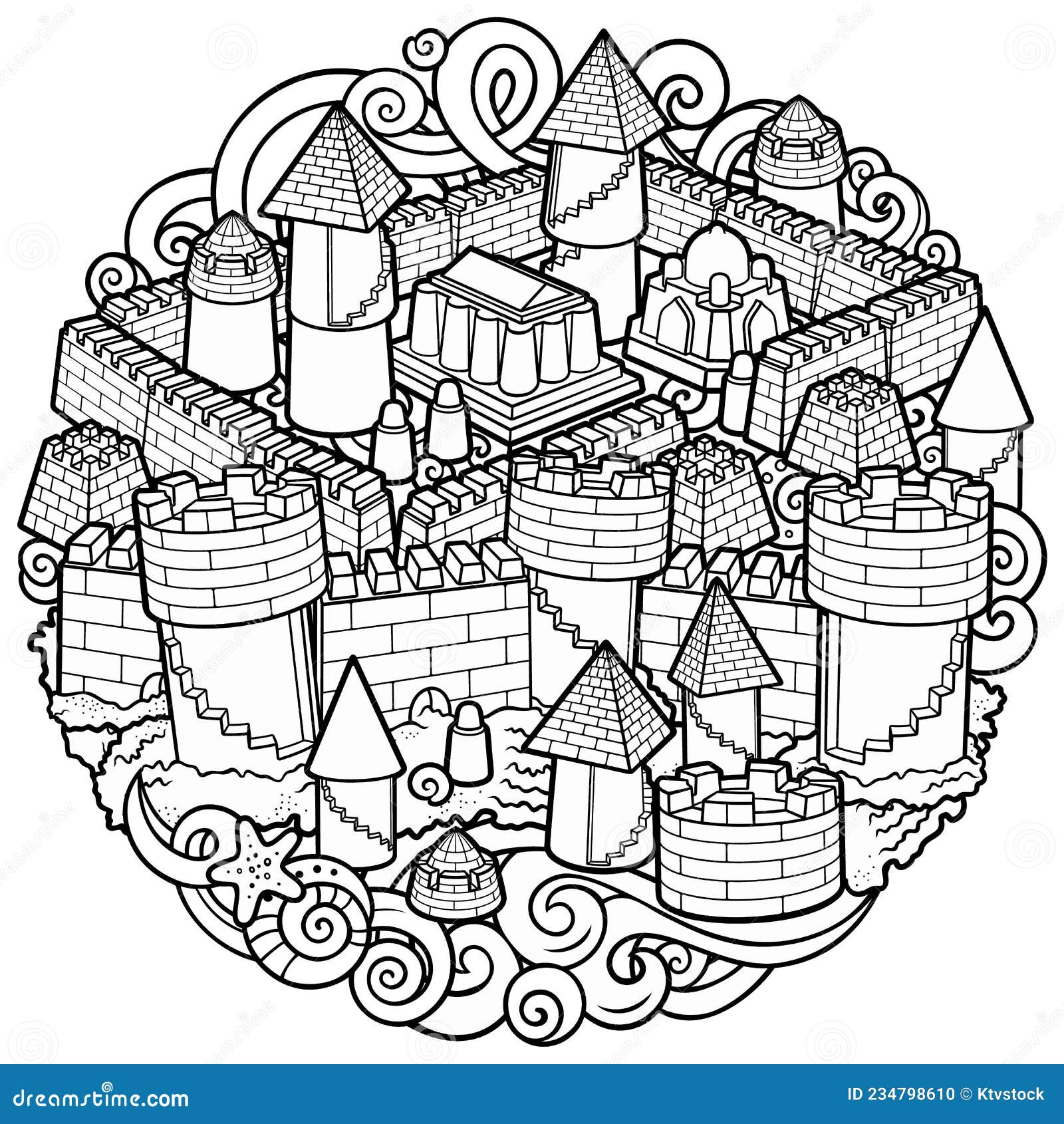 Cartoon summer beach sand castle round line art illustration stock illustration